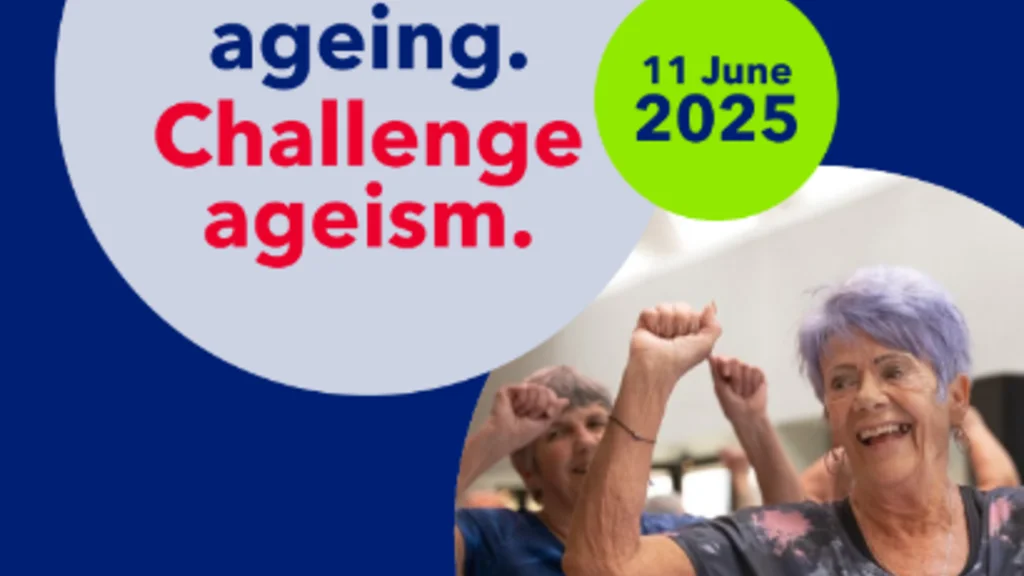 An image of the AWL Day activity pack with the words, Celebrate ageing Challenge ageism, and an image of an older woman with purple hair dancing.