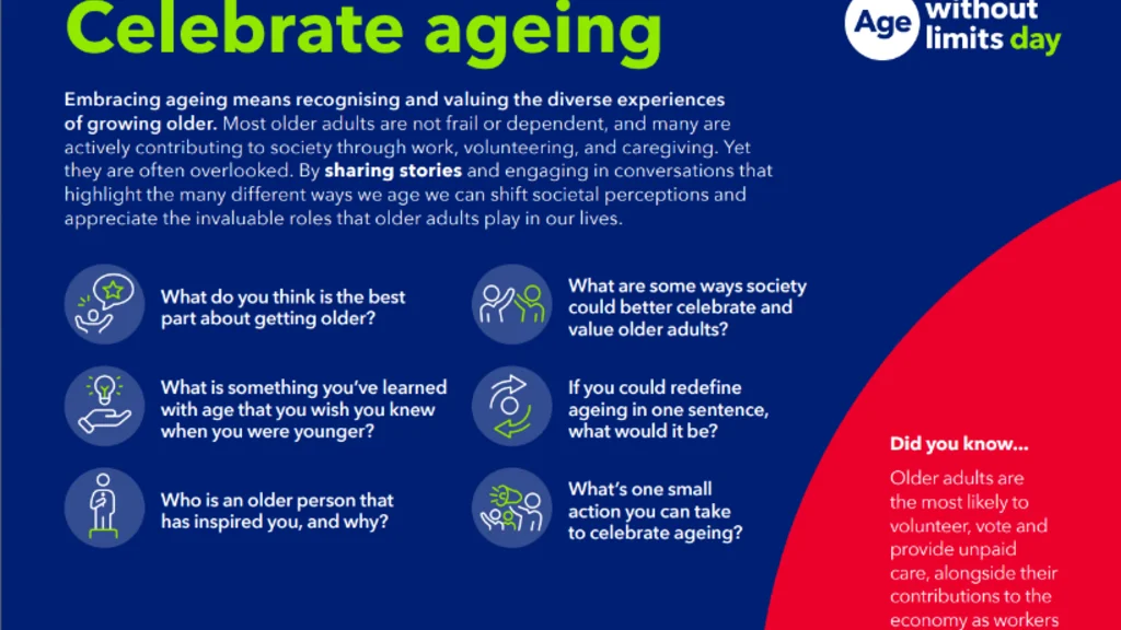 A landscape A4 sheet of conversation starters and tips for talking about ageism