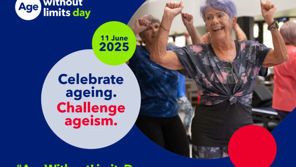 A postcard with writing Celebrate ageing, Challenge ageism and an image of an older woman with purple hair dancing.